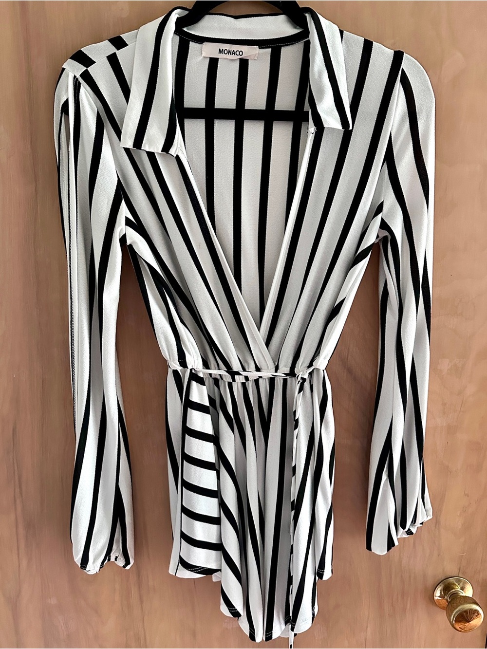 Monaco Black and White Vertical Stripe Wrap Blouse Romper